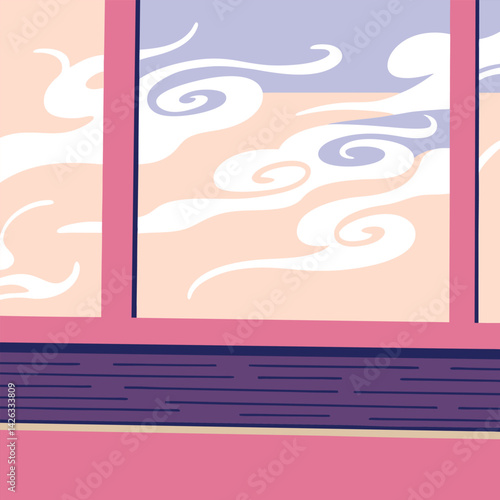 Peaceful serene japanese inspired scene with swirling clouds and pink hues