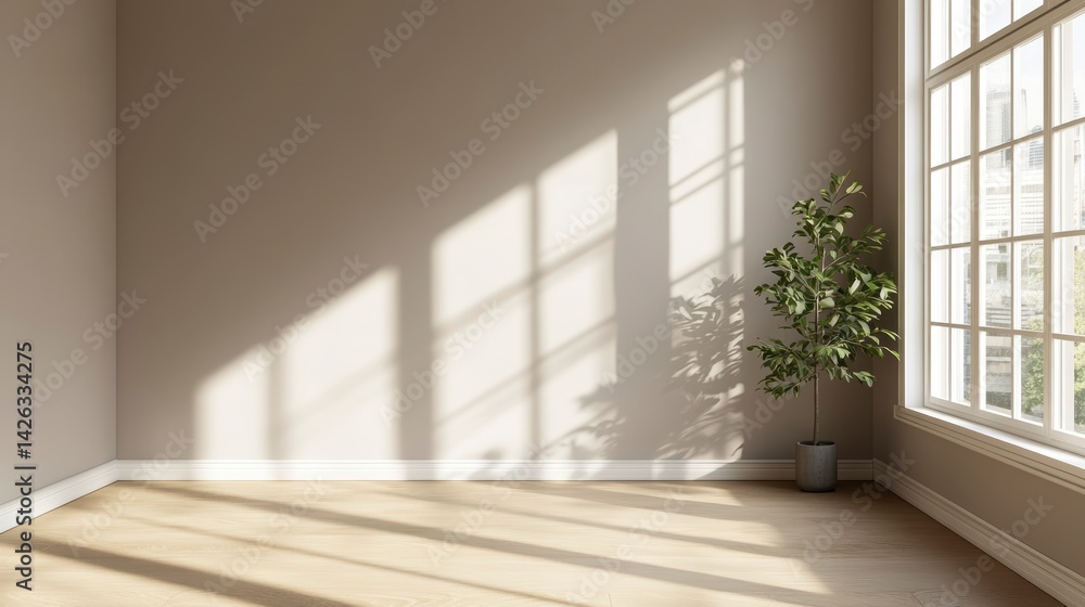 Sunlit empty room with hardwood floors, neutral walls, and a potted plant by a large window. Sunlit empty room with hardwood floors, neutral walls, and a potted plant by a large window.