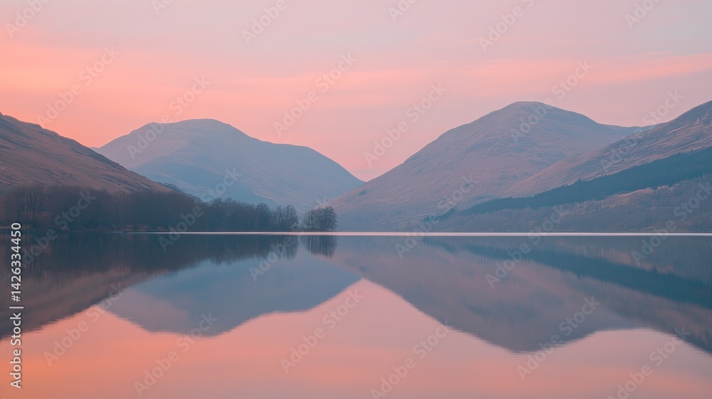 Fototapeta premium Misty mountains reflected in a tranquil loch at sunrise