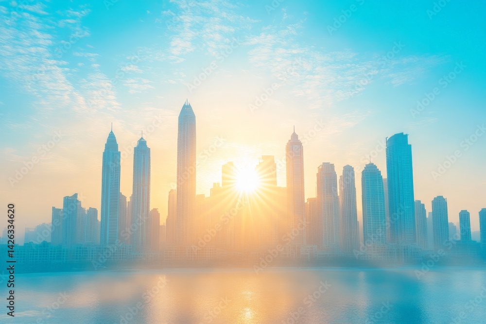 Fototapeta premium Sunrise over a modern city skyline reflecting on water with light haze and vibrant colors
