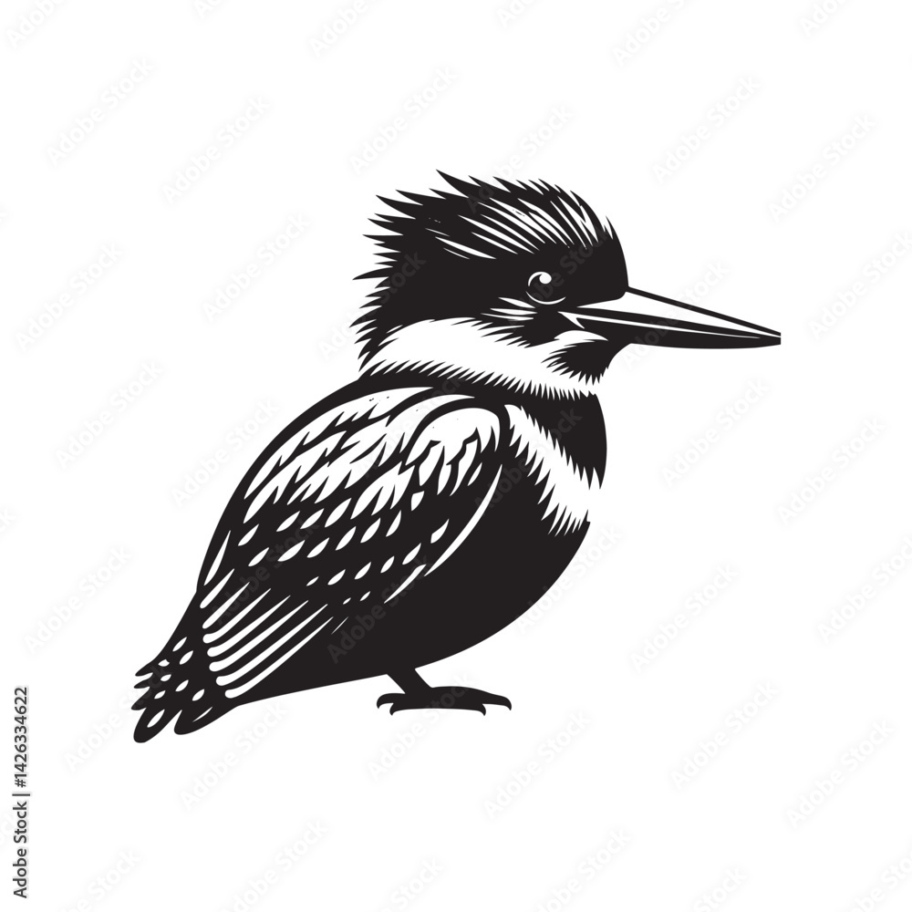 Fototapeta premium Dynamic Belted Kingfisher Silhouette Vector - Striking Bird Design Perfect for Nature Art - Educational Materials - Illustration of Belted Kingfisher.