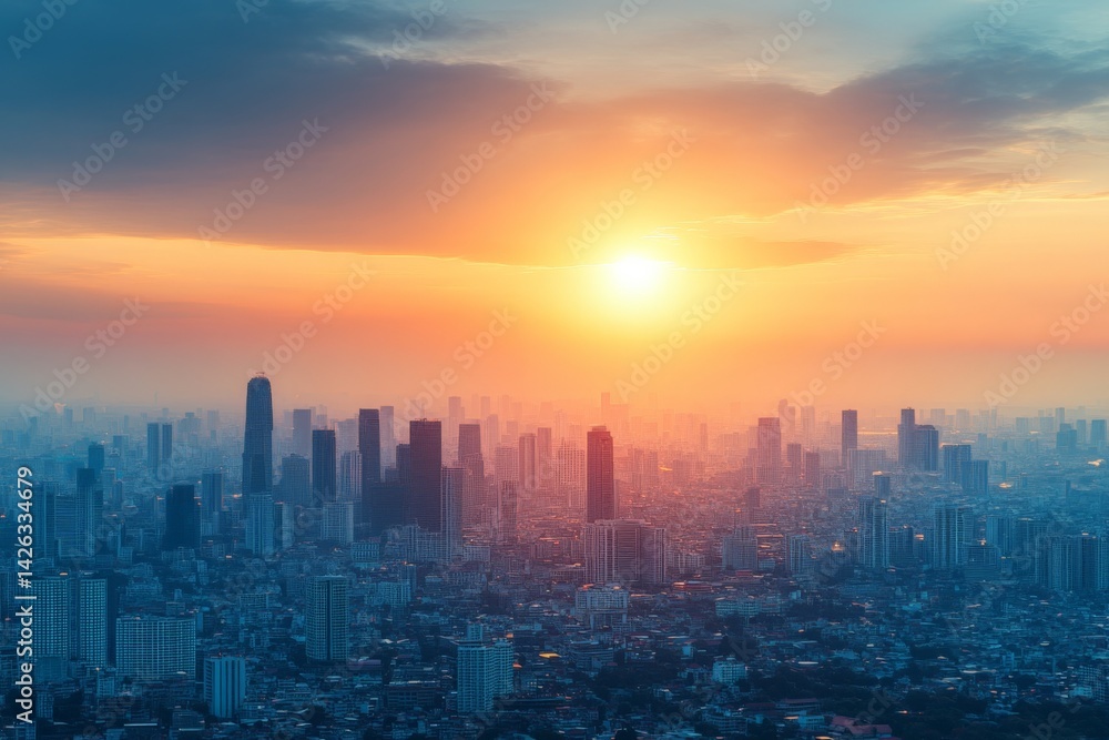 Fototapeta premium Vibrant sunset over a bustling city skyline with high-rise buildings and orange skies