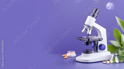 Microscope, pills, herbs, and vials on purple background