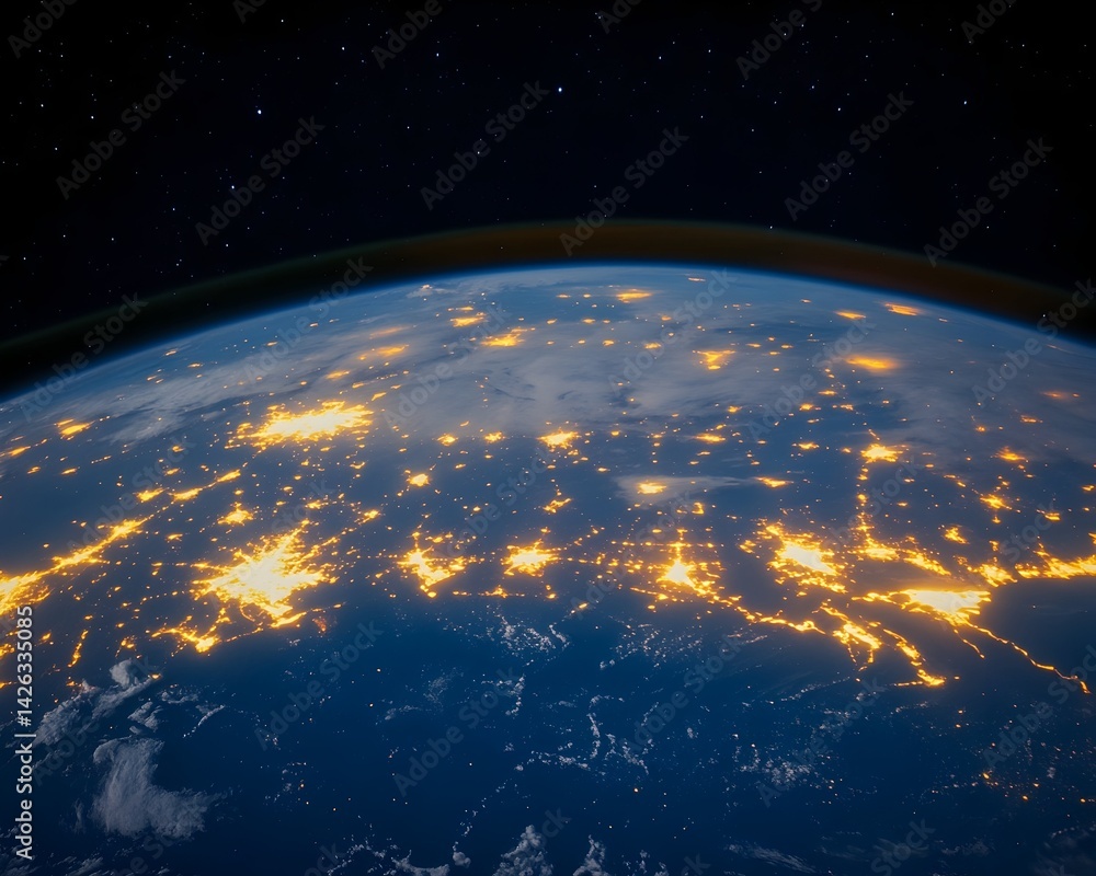 Obraz premium Night view of Earth from space, showcasing city lights and dark ocean