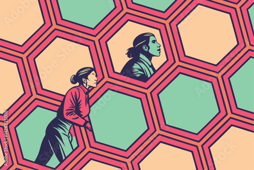 Women look ahead through honeycomb cells vector illustration graphic design