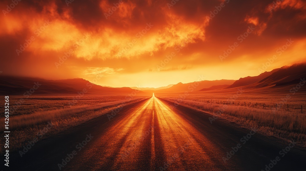 Dramatic sunset over a long, straight road stretching to the horizon. Dramatic sunset over a long, straight road stretching to the horizon.
