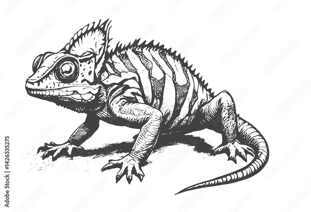 Obraz premium Chameleon lizard sketch engraving vector illustration. engraving illustration of chameleon