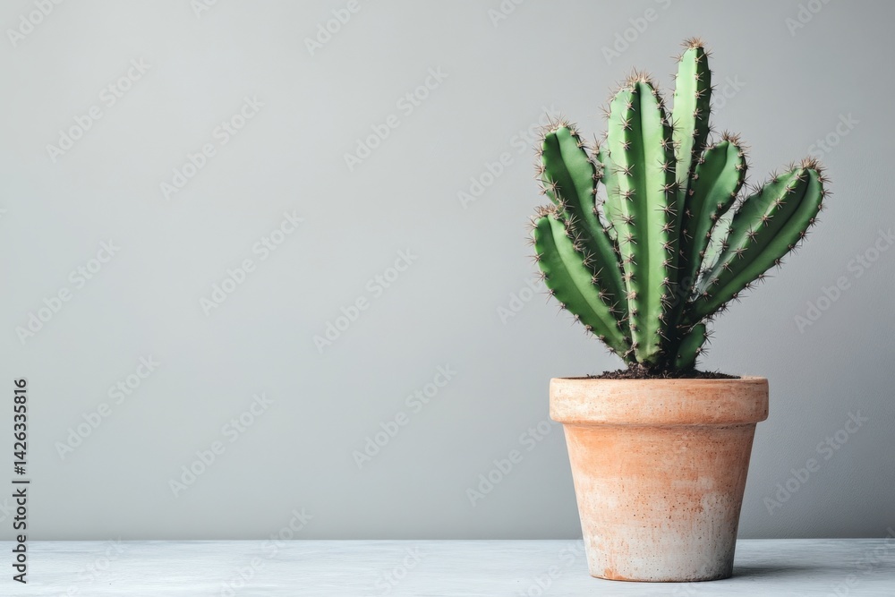 Fototapeta premium Cactus plant in a terracotta pot against a minimalist gray background