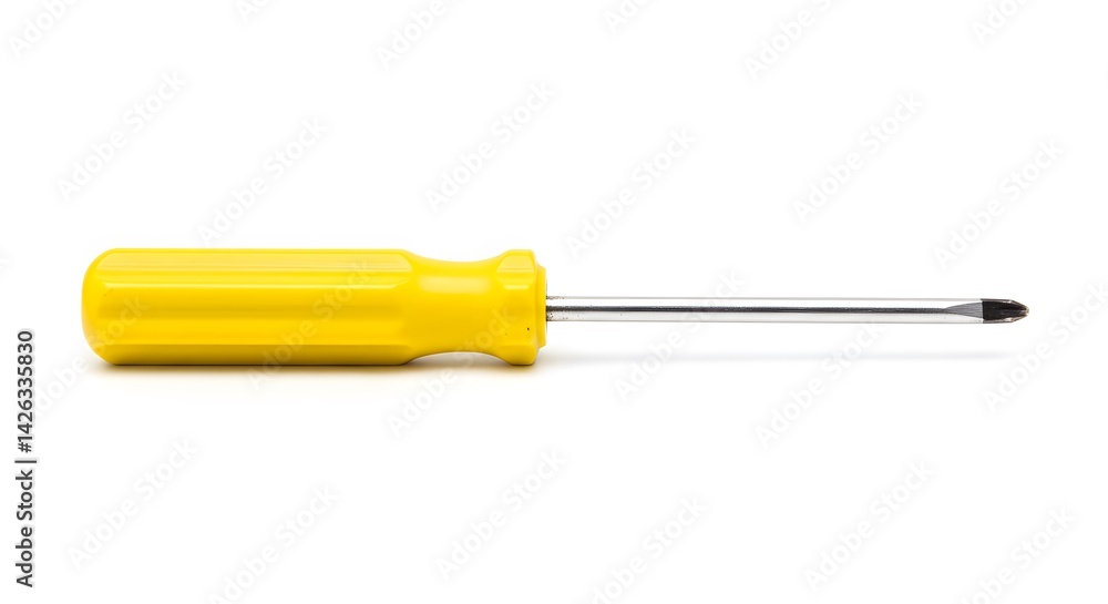 AI image of a single yellow-handled Phillips head screwdriver tool isolated against a plain, clean white background, viewed horizontally AI image of a single yellow-handled Phillips head screwdriver tool isolated against a plain, clean white background, viewed horizontally