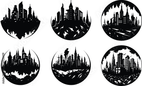 Post apocalyptic cityscape silhouette black vector art design set