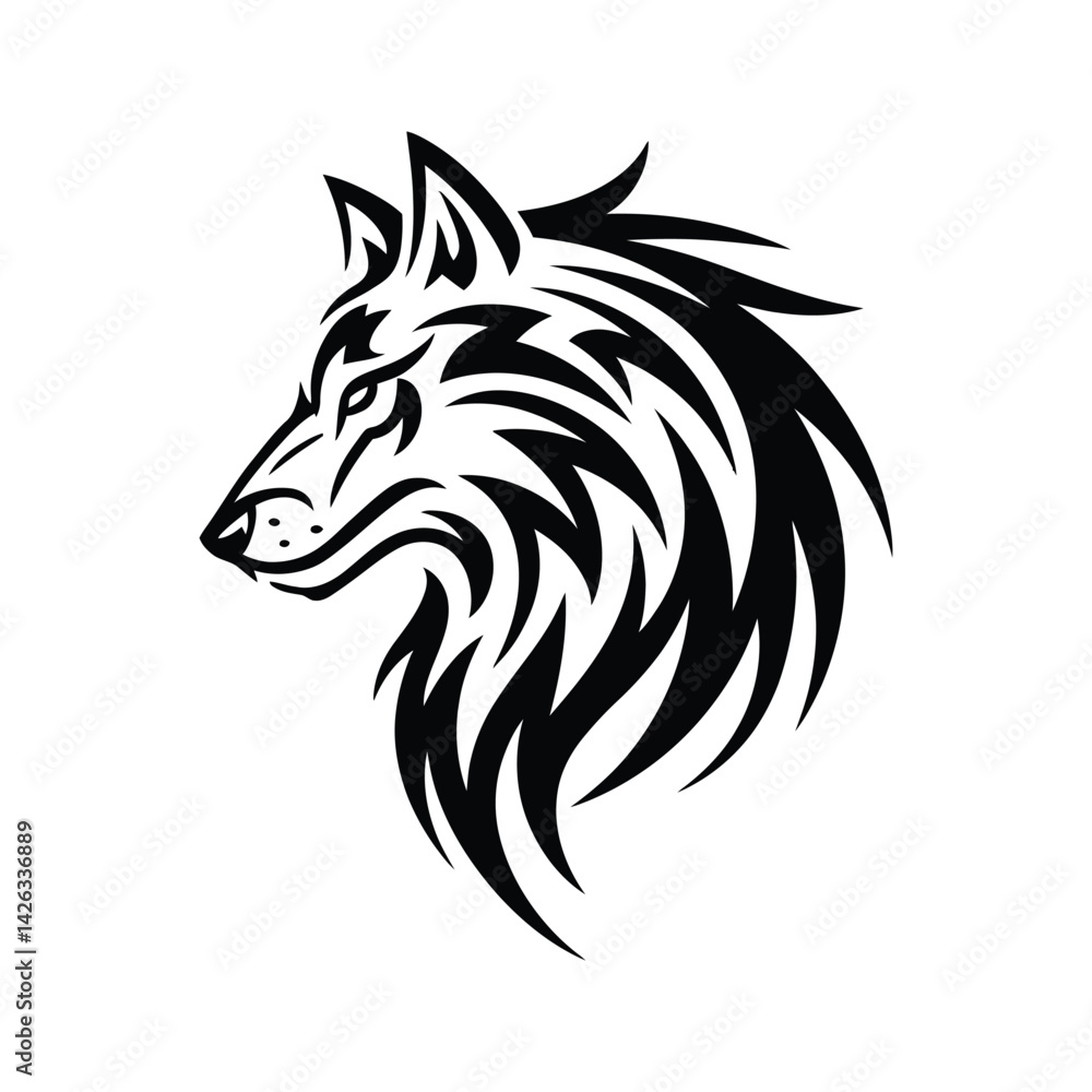 Obraz premium Tribal Wolf Head Silhouette Vector Illustration in Black on White Background