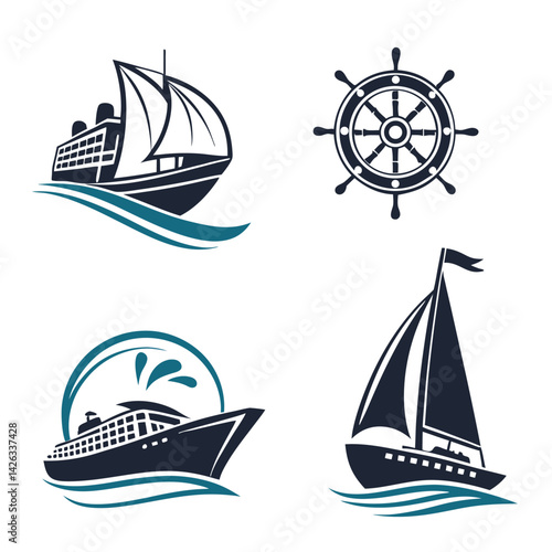 Nautical Vessel Icons Ship Sailing Boat Wheel Vector Set