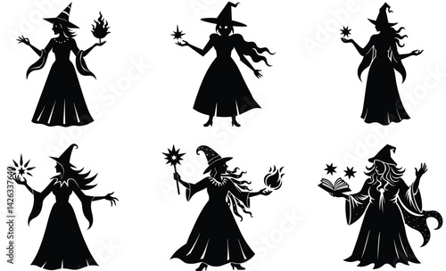 Spell casting witch mystery silhouette black vector art design set