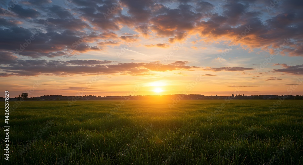 AI image capturing a serene sunset over a green field, with the golden sun low on the horizon painting clouds. AI image capturing a serene sunset over a green field, with the golden sun low on the horizon painting clouds.