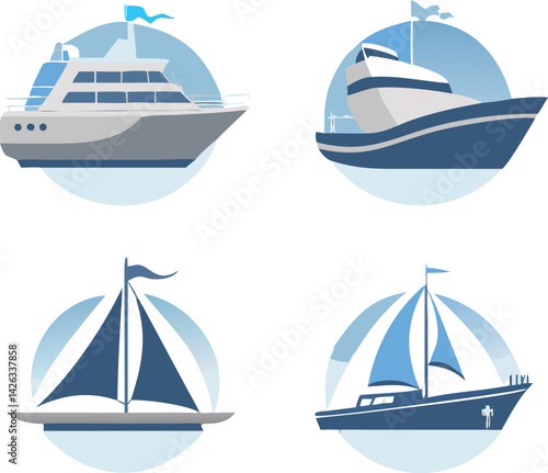 Four Different Types of Boats and Yachts Illustration