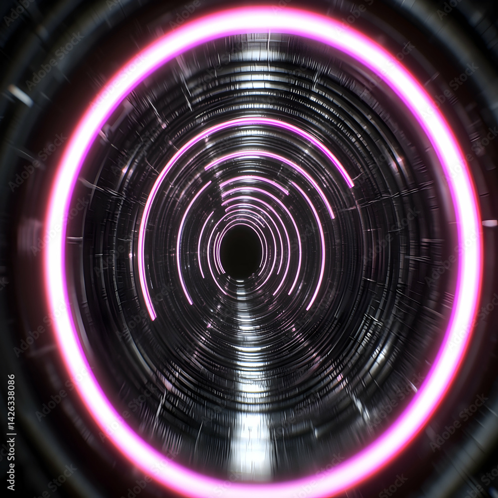 Fototapeta premium Pink neon rings illuminate a futuristic tunnel; abstract background; digital art for sci-fi, technology, or gaming