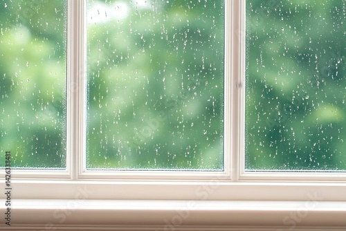 Rain-streaked windowpane reveals blurred green foliage