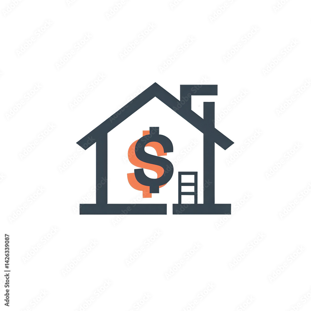Obraz premium A minimalist house icon featuring a dollar sign, symbolizing real estate investment and financial growth in the housing market , isolated on white or transparent png
