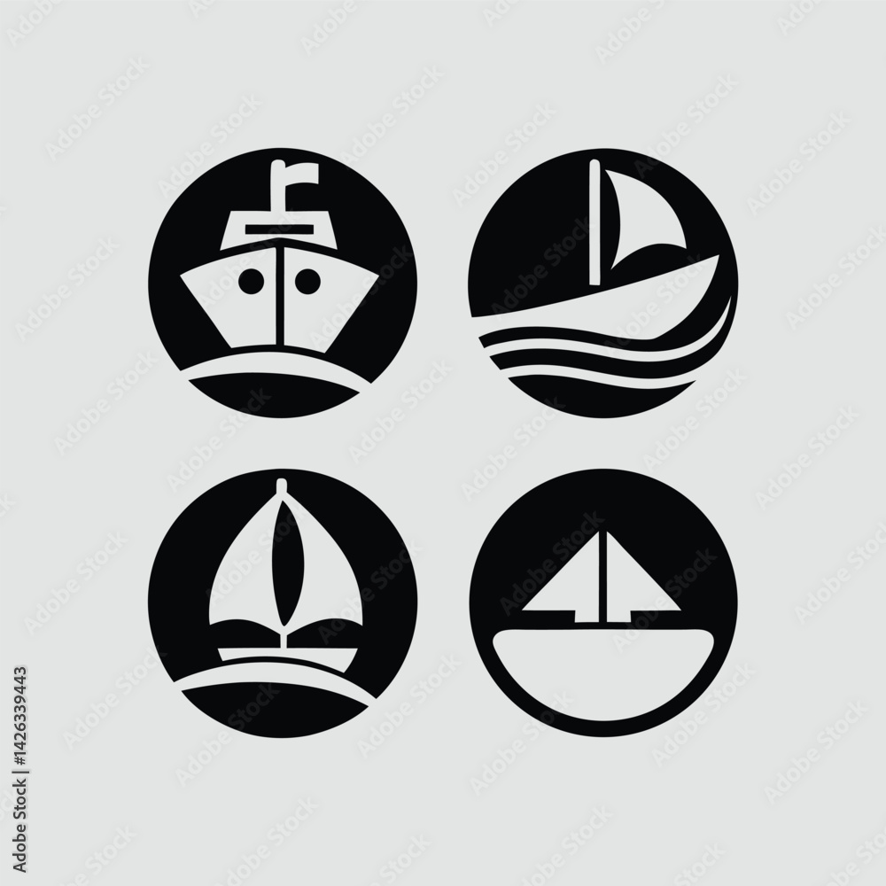 Set of Four Simple Boat and Ship Icons in Circles Set of Four Simple Boat and Ship Icons in Circles