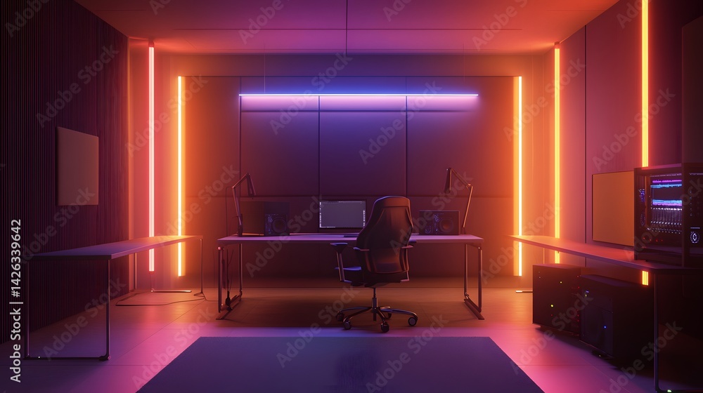 A modern podcast studio with minimal furniture and focused lighting A modern podcast studio with minimal furniture and focused lighting