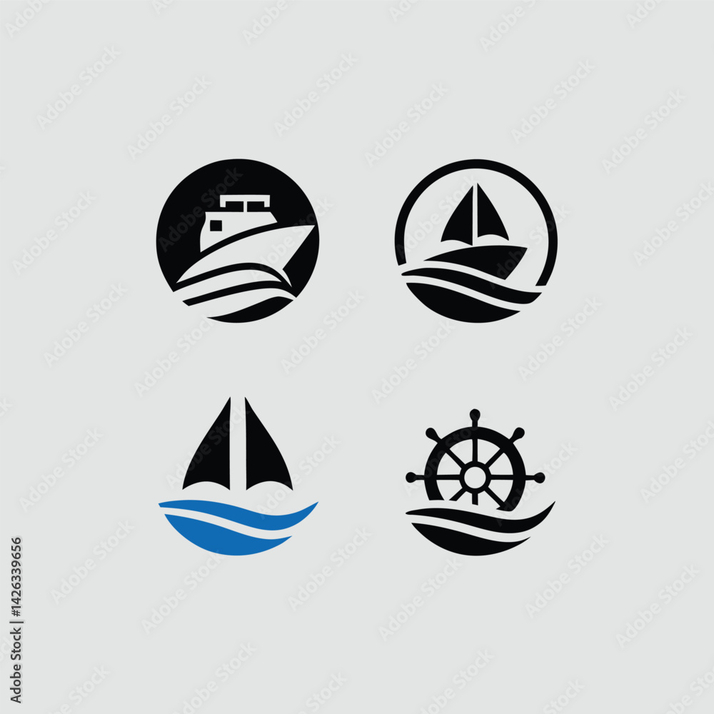 Set of Four Nautical Icons Ships, Sailboats, and Wheel Set of Four Nautical Icons Ships, Sailboats, and Wheel