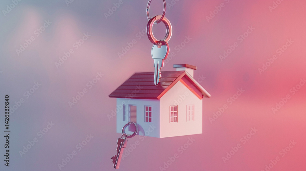 Miniature Abode: A charming, small house hangs suspended with a key, set against a gradient backdrop, suggesting dreams of home ownership and cozy living. Miniature Abode: A charming, small house hangs suspended with a key, set against a gradient backdrop, suggesting dreams of home ownership and cozy living.