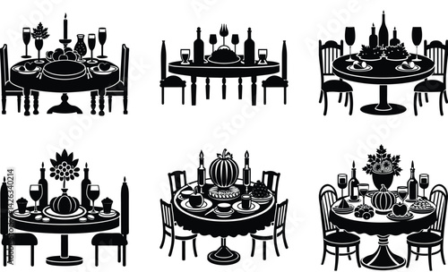 Thanksgiving dinner table silhouette vector art design set