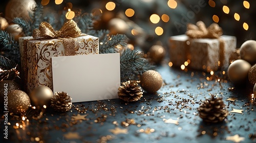 Blank white gift card on festive New Year s Eve table setting