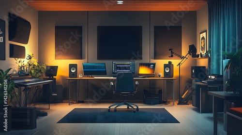 A modern podcast studio with minimal furniture and focused lighting