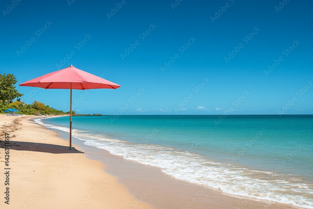 Beach with pink umbrella on shoreline under clear blue sky during sunny day in tropical paradise Beach with pink umbrella on shoreline under clear blue sky during sunny day in tropical paradise