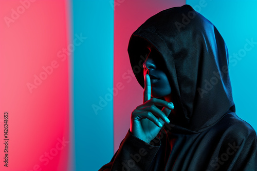 Striking portrait of an urban figure in a dark sweatshirt making the gesture of silence. A powerful image of anonymity, digital rebellion, and criticism of social and technological control.