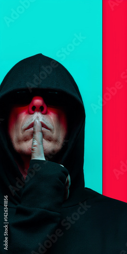 Striking portrait of an urban figure in a dark sweatshirt making the gesture of silence. A powerful image of anonymity, digital rebellion, and criticism of social and technological control.