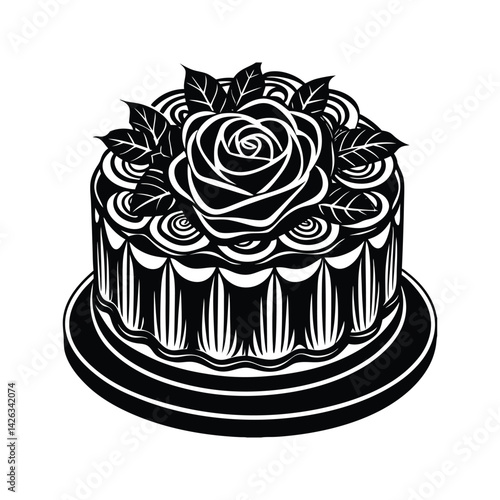 Birthday cake with rose and intricate icing patterns silhouette isolated on white background