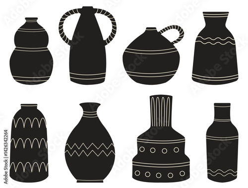 Set of black and white antique vases with traditional patterns. Elegant and timeless pottery designs inspired by historical craftsmanship. Perfect for decorative, cultural, or historical themes.