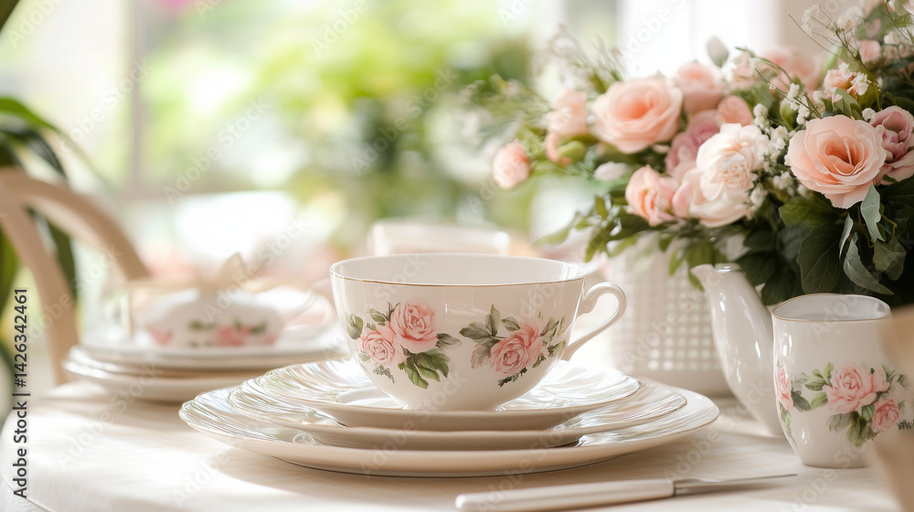 Elegant table setting featuring delicate floral decor, captured in close-up against a light, airy background. Elegant table setting featuring delicate floral decor, captured in close-up against a light, airy background.
