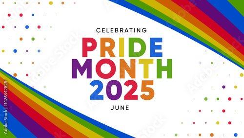Pride Month Banner With Rainbow Gradient Ribbon Background. Celebrating Pride Month Web Banner Design. Trendy Pride Banner with Pride Month Text and Colorful Rainbow.