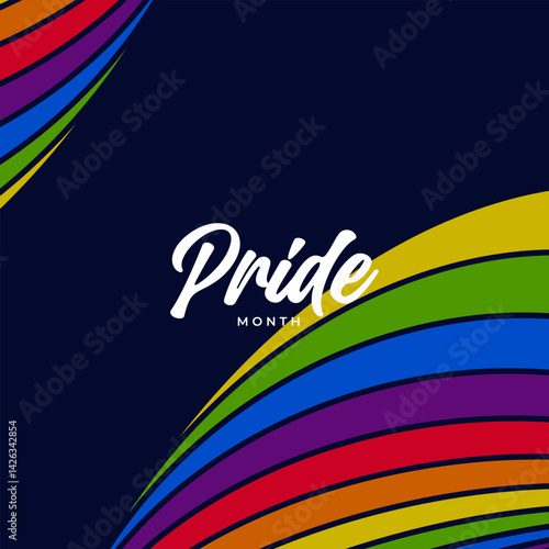Pride Month Banner With Rainbow Gradient Ribbon Background. Celebrating Pride Month Web Banner Design. Trendy Pride Banner with Pride Month Text and Colorful Rainbow.