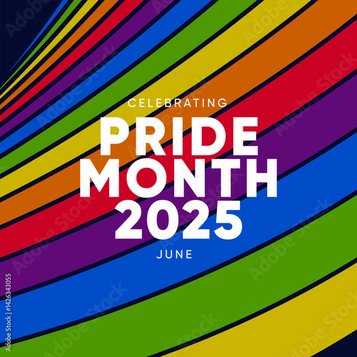 Pride Month Banner With Rainbow Gradient Ribbon Background. Celebrating Pride Month Web Banner Design. Trendy Pride Banner with Pride Month Text and Colorful Rainbow.