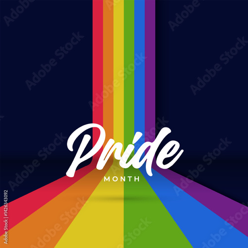 Pride Month Banner With Rainbow Gradient Ribbon Background. Celebrating Pride Month Web Banner Design. Trendy Pride Banner with Pride Month Text and Colorful Rainbow.