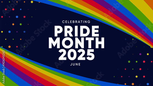 Pride Month Banner With Rainbow Gradient Ribbon Background. Celebrating Pride Month Web Banner Design. Trendy Pride Banner with Pride Month Text and Colorful Rainbow.