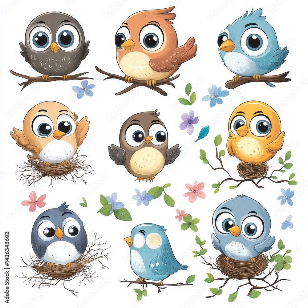 A set of cute birds sitting on branches and nests A set of cute birds sitting on branches and nests