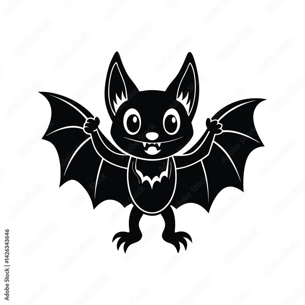 Obraz premium Black and white cartoon bat with fangs silhouette isolated on white background