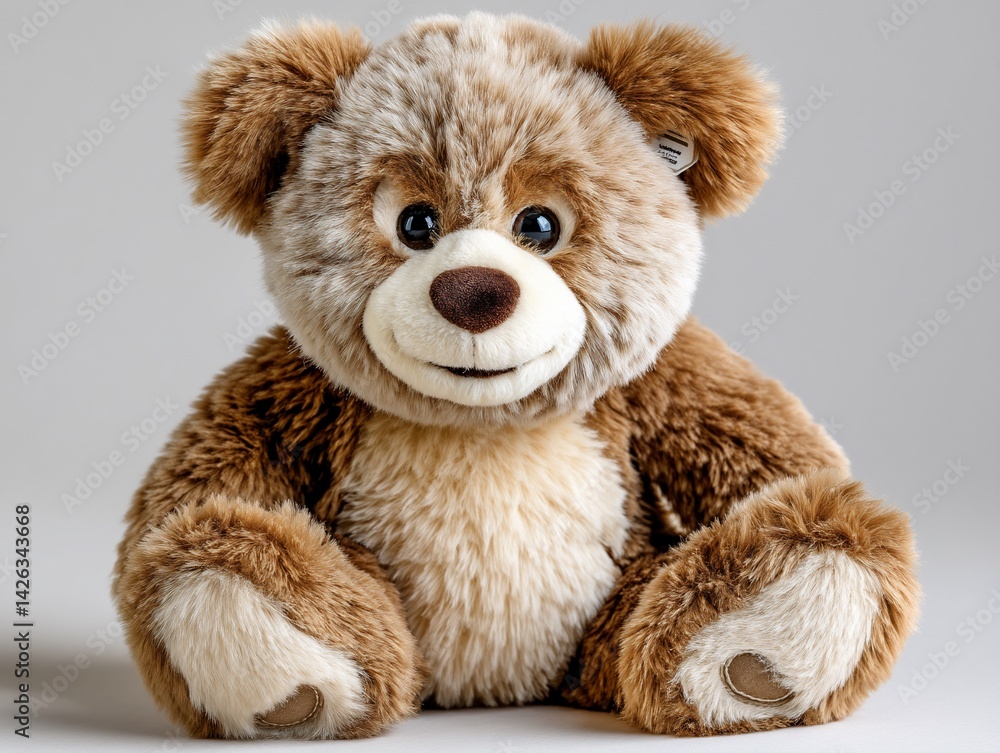 Brown and cream teddy bear with sweet expression, sitting against a soft, light backdrop Brown and cream teddy bear with sweet expression, sitting against a soft, light backdrop