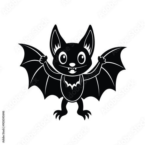 Black and white cartoon bat with fangs silhouette isolated on white background
