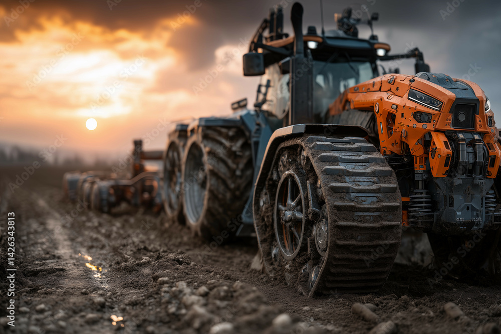 a tractor is driving through a muddy field at sunset or dawn with the sun shining on the ground behind it a tractor is driving through a muddy field at sunset or dawn with the sun shining on the ground behind it