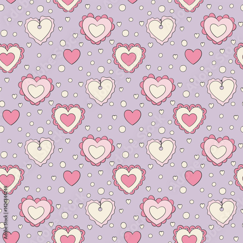 Seamless pattern with hand drawn cute hearts on pink background. Romantic print Girlish Hearts and Ribbons.