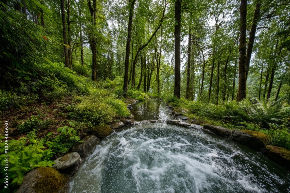 Fototapeta premium Serene hot spring surrounded by lush forest landscape in a tranquil outdoor setting
