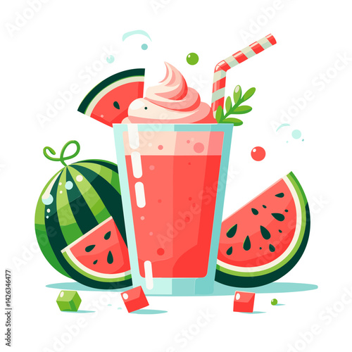 Vector illustration of a refreshing watermelon smoothie in a glass garnished with fruit and a straw