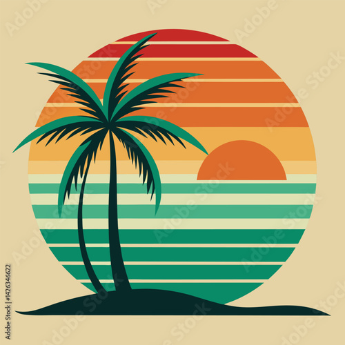 A tropical beach sunset silhouettes a lone figure near palm trees under a vibrant summer sky