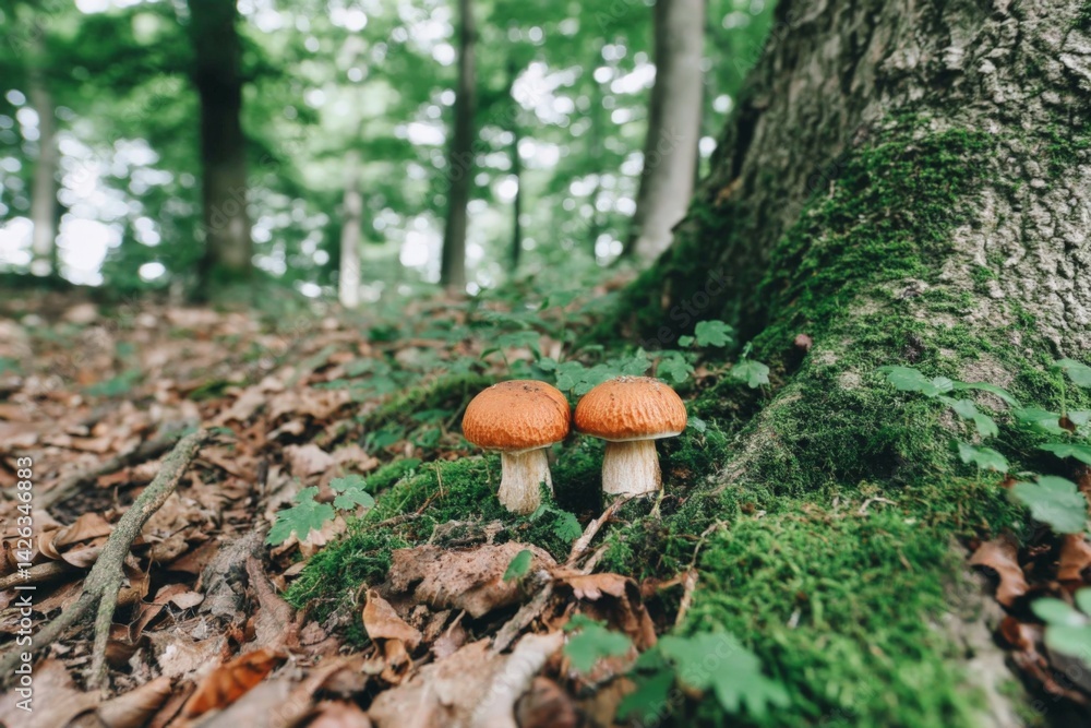 Fototapeta premium Vibrant orange mushrooms grow at the base of a tree in a lush green forest during a sunny afternoon